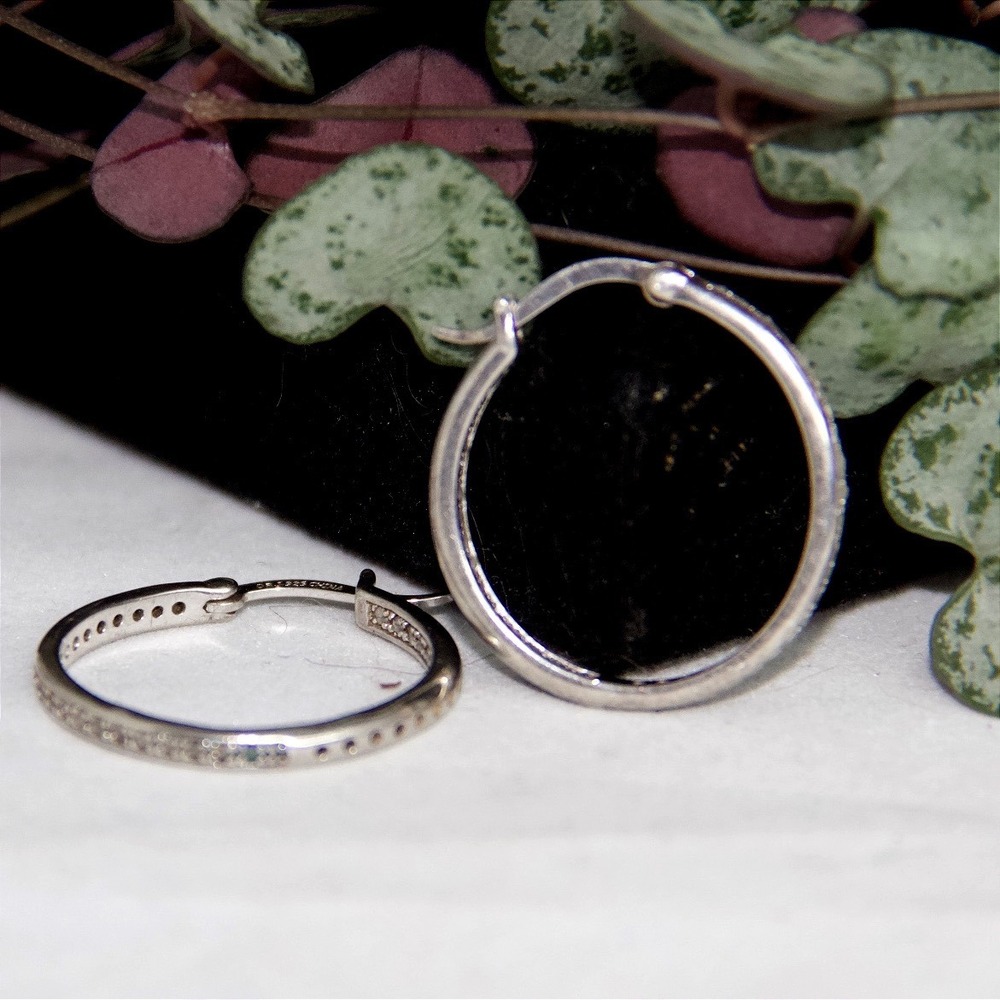 DBJ‎ Sterling Silver 925 Pave Stone Hoop Earrings Round Latch Back 1 Inch